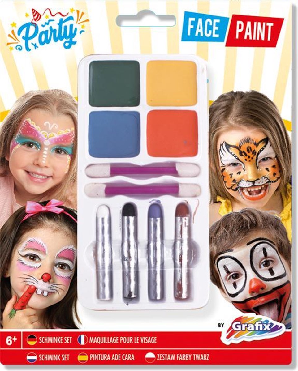 Schmink set Grafix - Schmink kinderen | 4x schmink voor het gezicht - 4x schminkstiften - 2x aanbreng staafjes